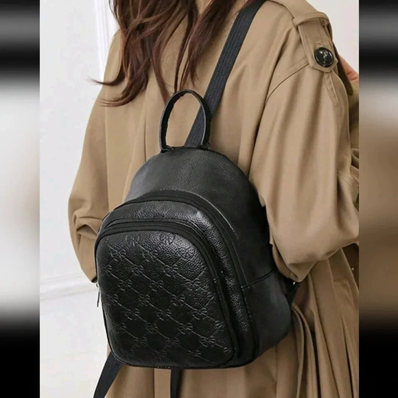 Black faux leather style bag purse women\'s handbag crossbody backpack bow print main image 5